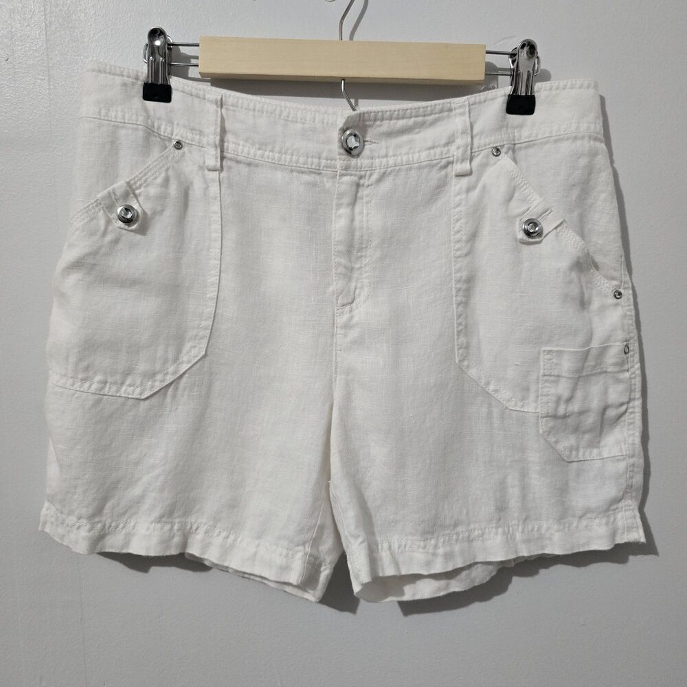 INC - Shorts - Size 10 - 100% Linen Cargo Pockets Rhinestone Buttons - White